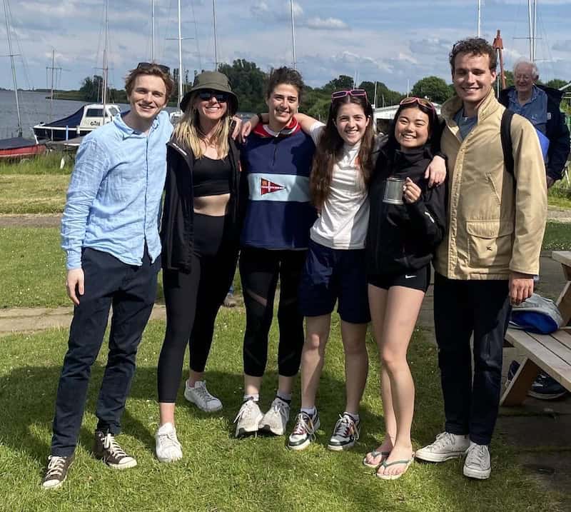 The six members of Newnham and Yachties team with their winners tankard standing on the grass at Grafham Water